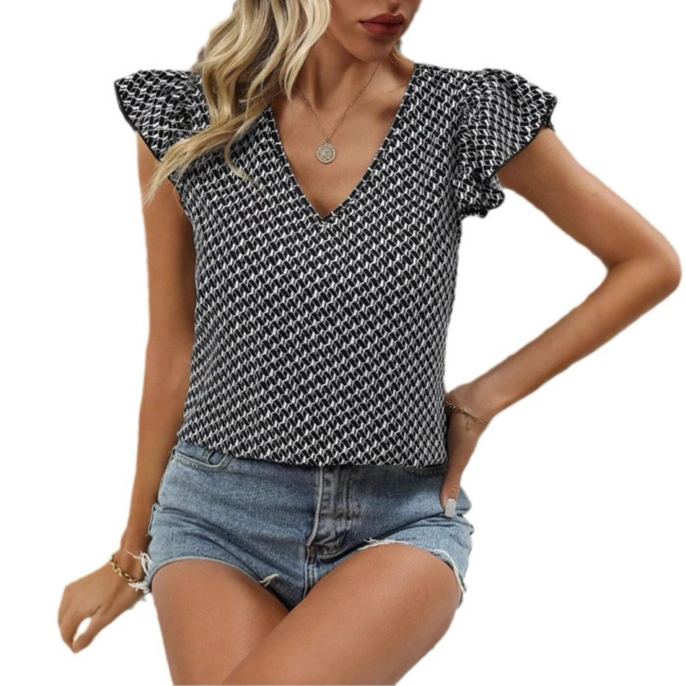 ZARA Collar Print Short Sleeve Top